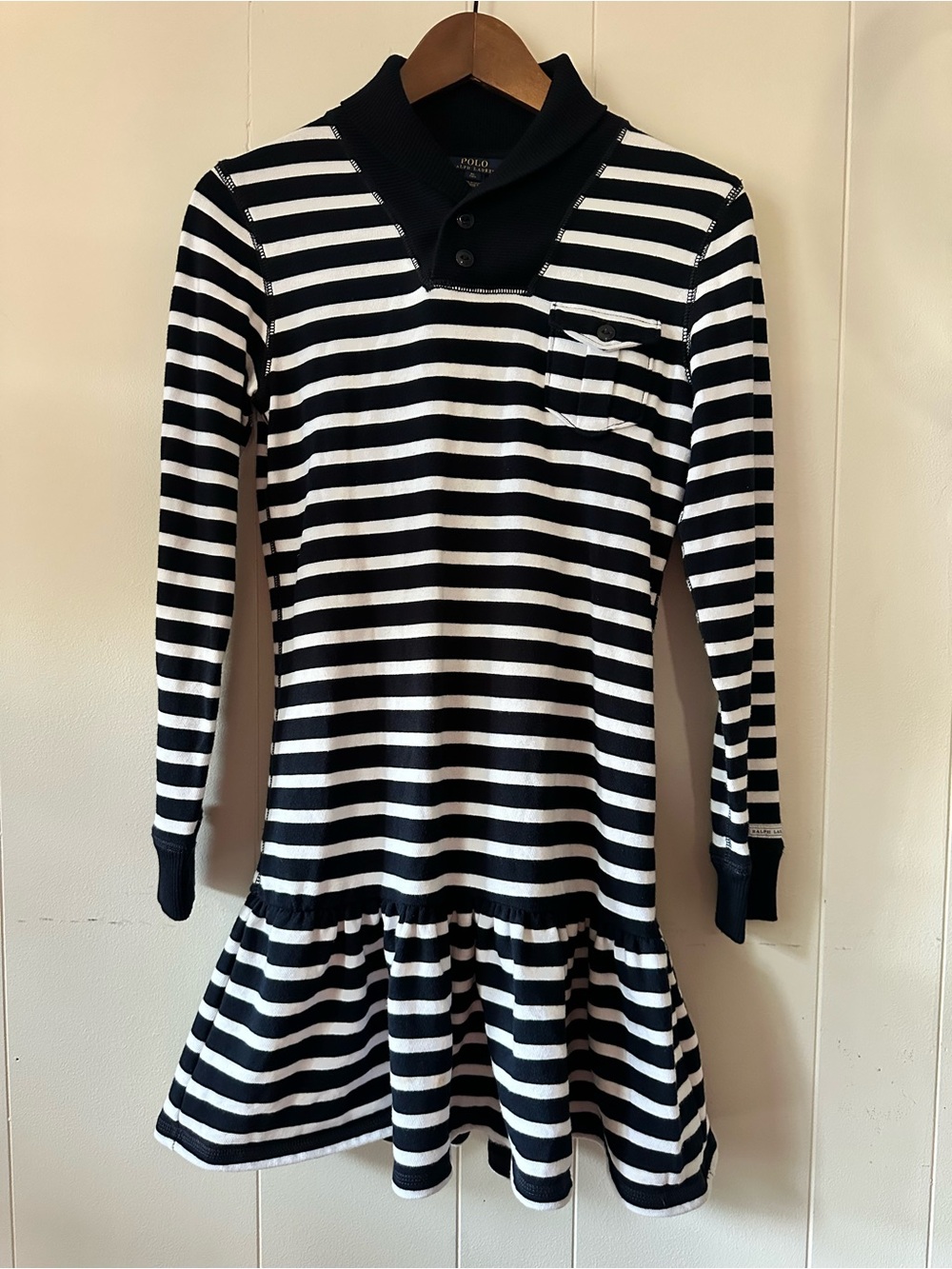 Polo Ralph Lauren Navy Blue & White Striped Shawl Neck Drop Waist Knit Dress